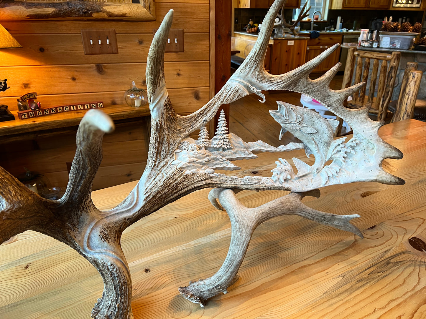 "The Catch" Carved Moose Antler, SOLD